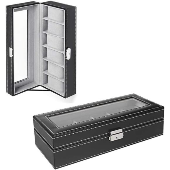 6 Slots Watch Box Organizer for Men, Black Watch Stand Display Storage Case - Picture 5 of 7